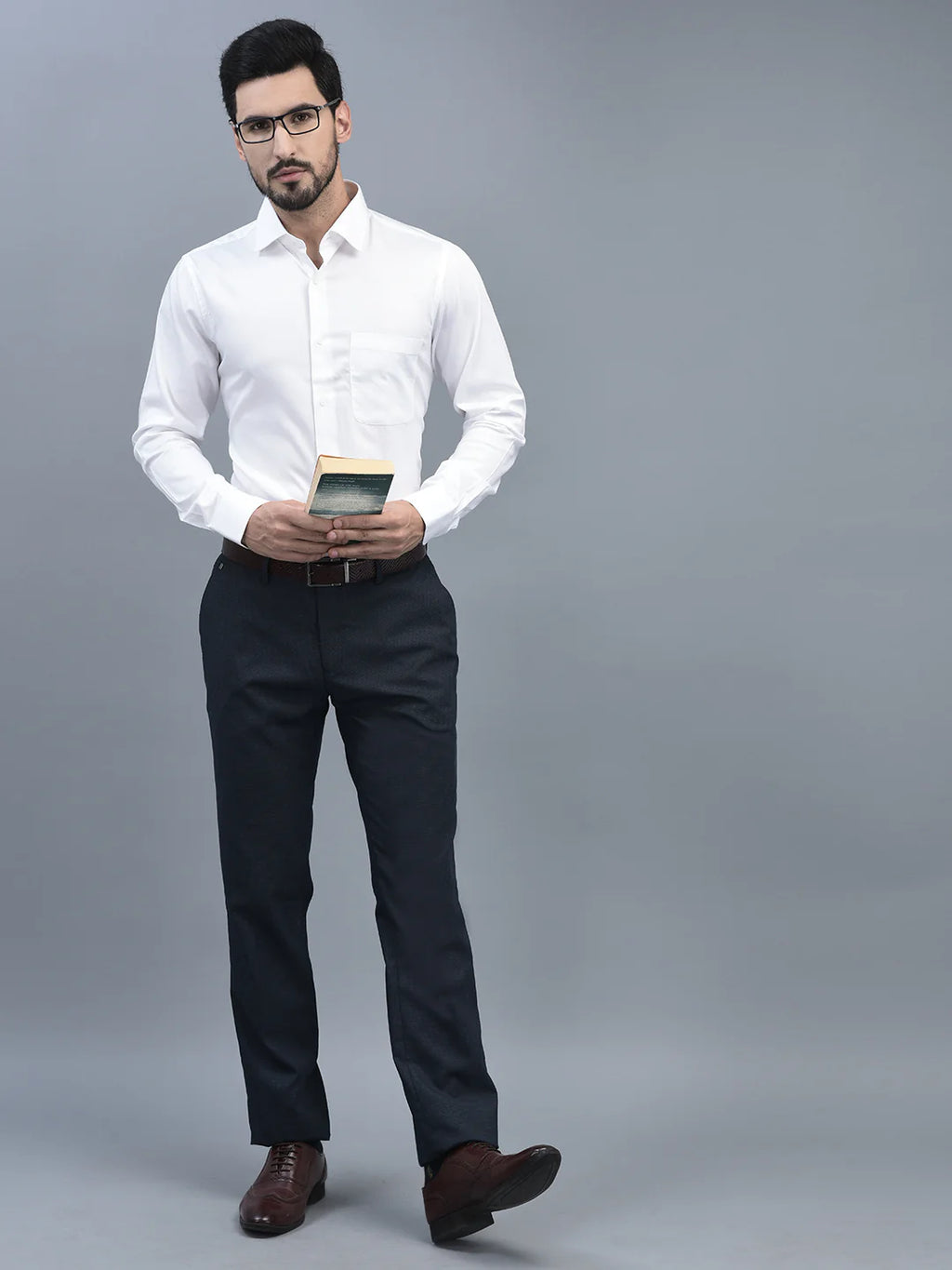 Men Regular Length Self Design Pattern Button Closure Formal Trouser