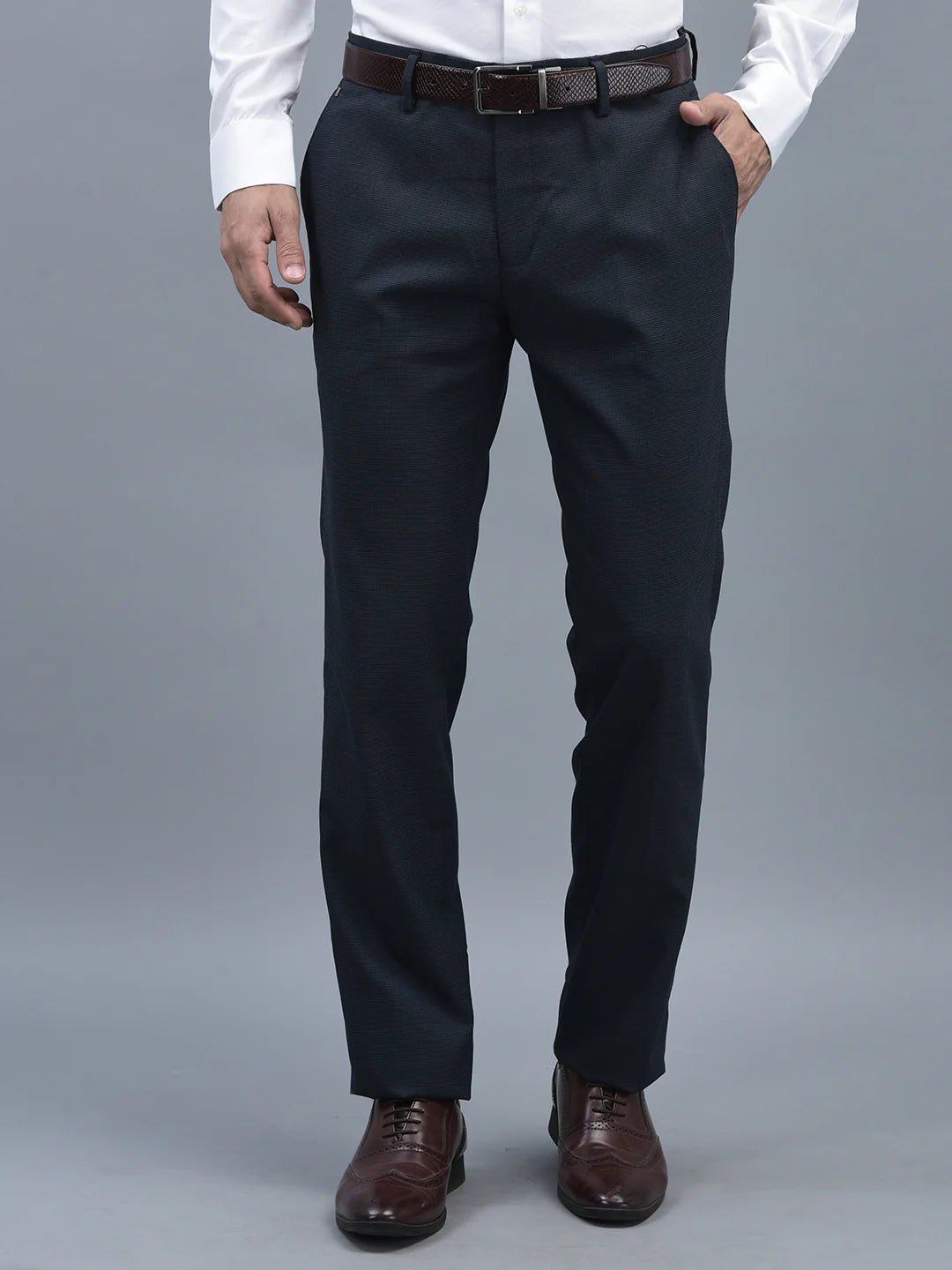 Men Regular Length Self Design Pattern Button Closure Formal Trouser Main image