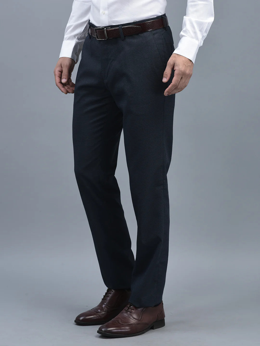 Men Regular Length Self Design Pattern Button Closure Formal Trouser