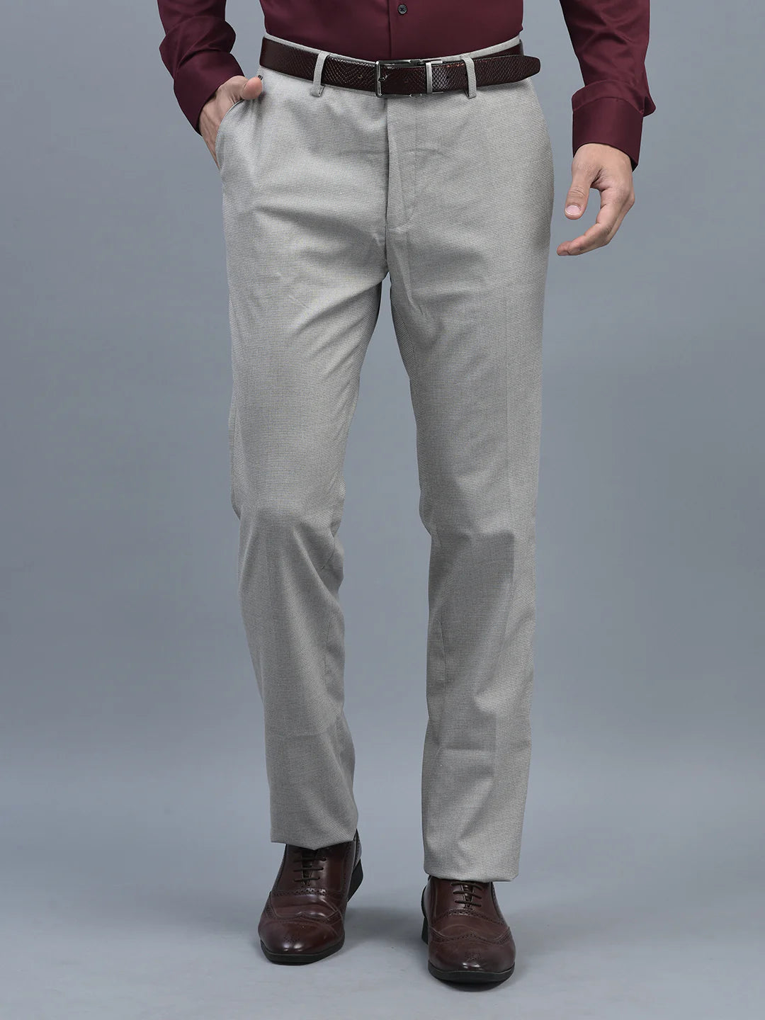 Men Regular Length Self Design Pattern Button Closure Formal Trouser Main image