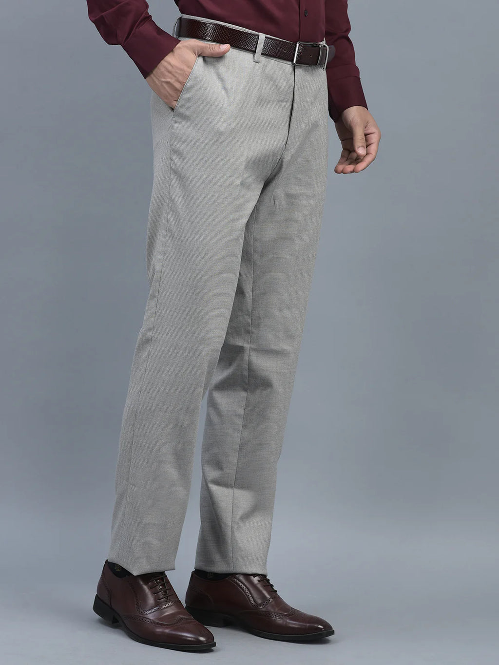 Men Regular Length Self Design Pattern Button Closure Formal Trouser