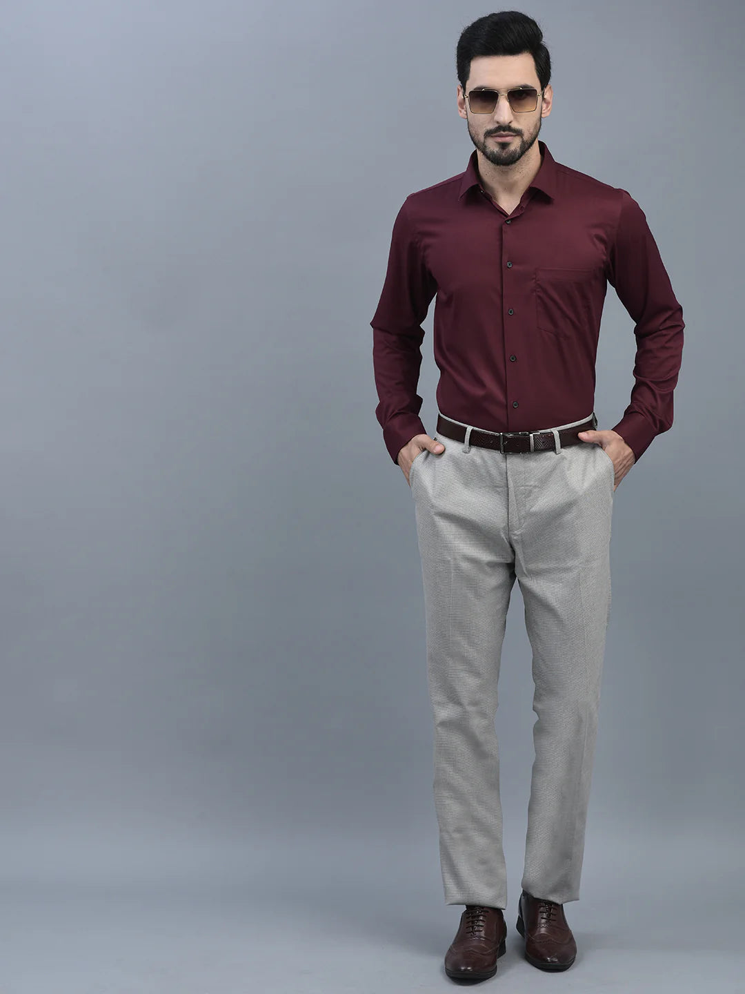 Men Regular Length Self Design Pattern Button Closure Formal Trouser