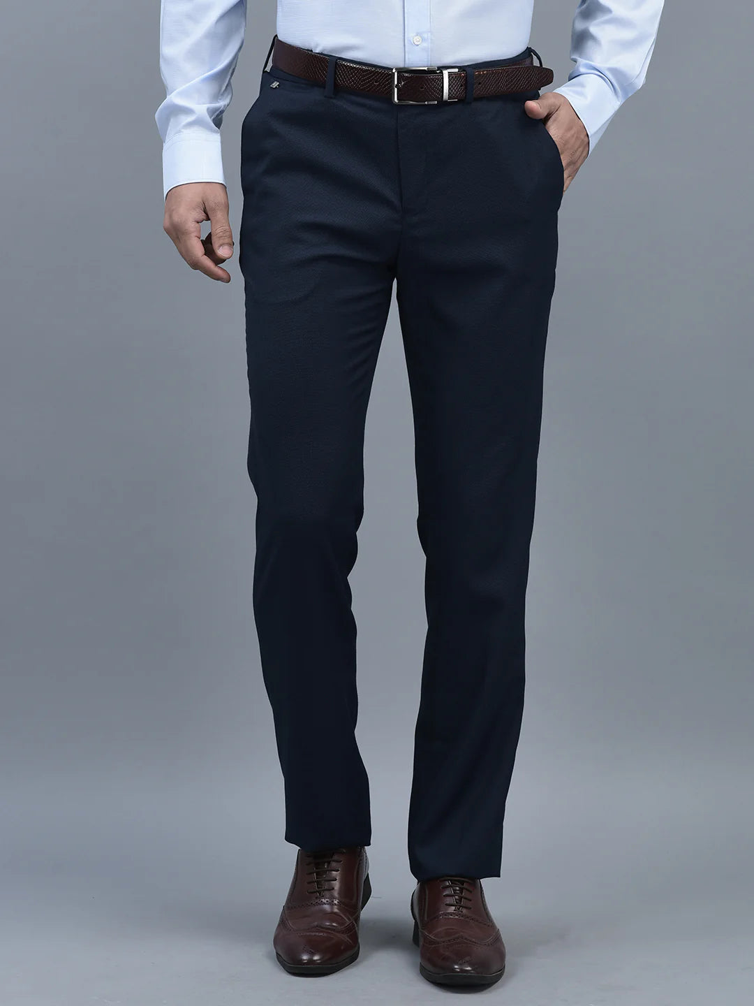 Men Regular Length Self Design Pattern Button Closure Formal Trouser Main image