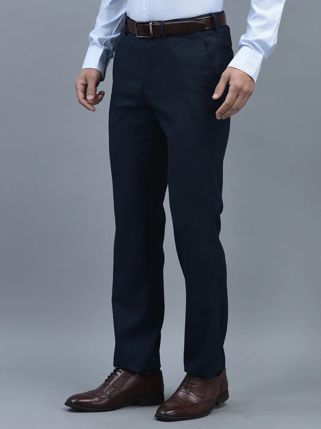 Men Regular Length Self Design Pattern Button Closure Formal Trouser