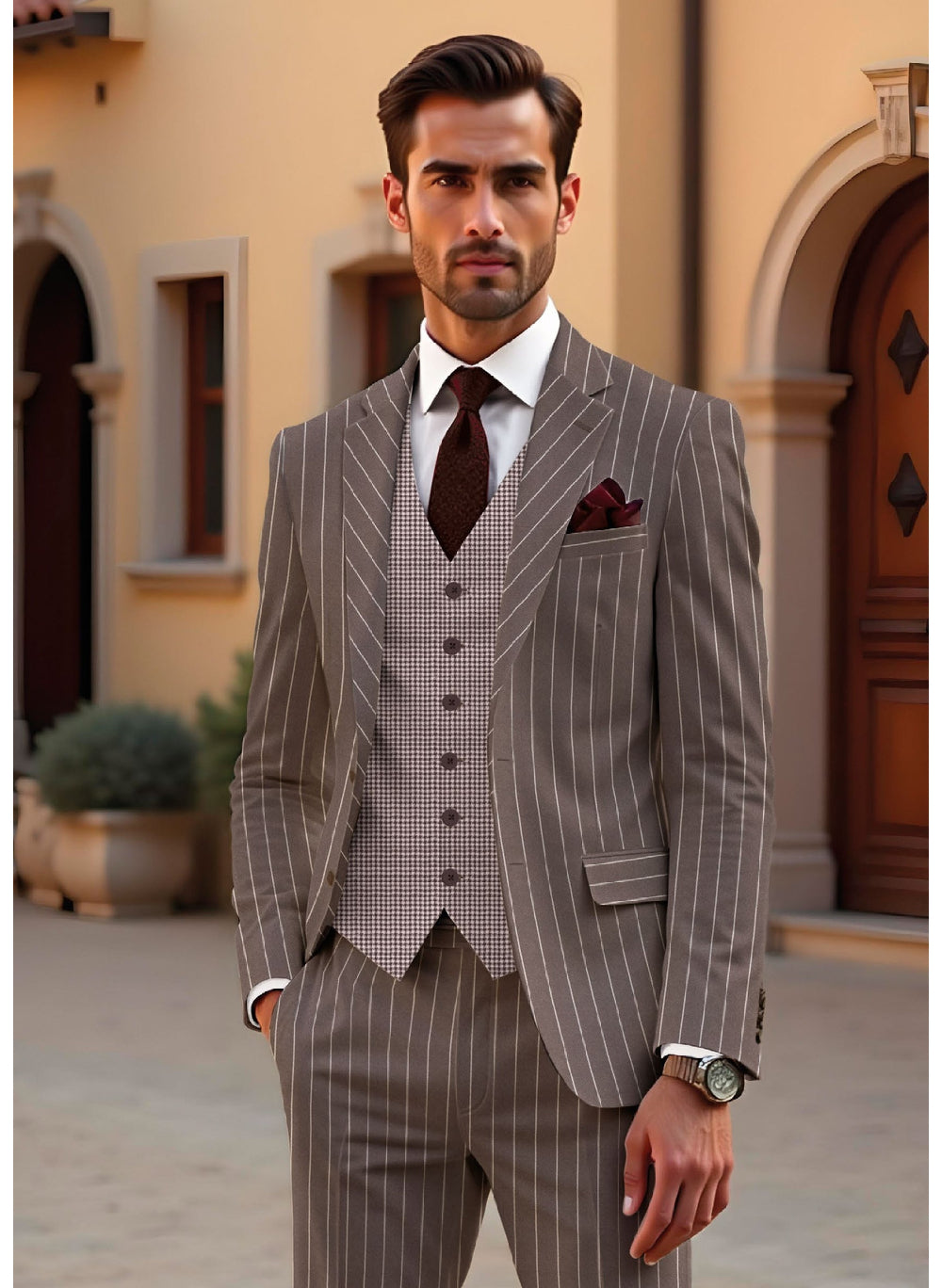 Riserva Taupe Pinstripe 3-Piece Suit – Classic Premium Formal Wear Main image