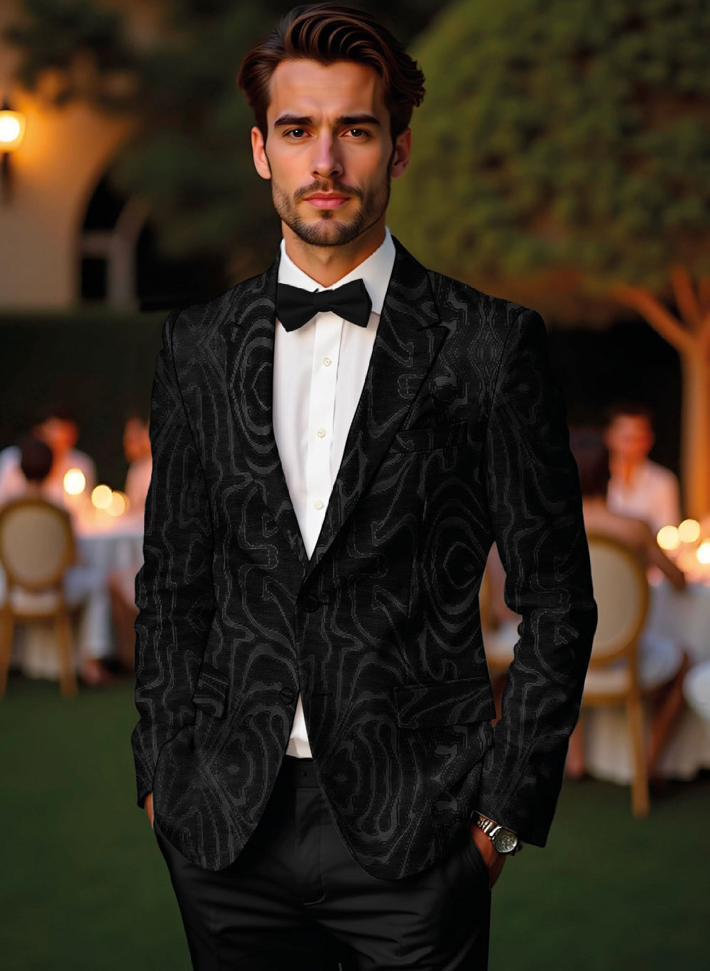 Riserva Black Jacquard Designer Tuxedo Suit – Luxury Evening Wear
