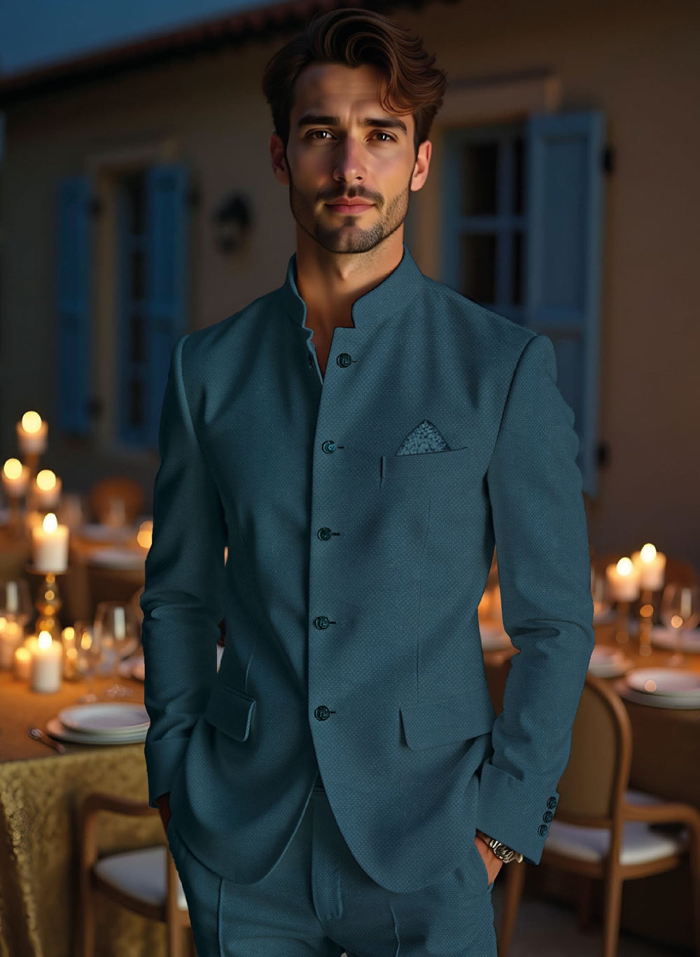 Riserva Teal Blue Bandhgala Suit – Royal Evening Elegance Main image
